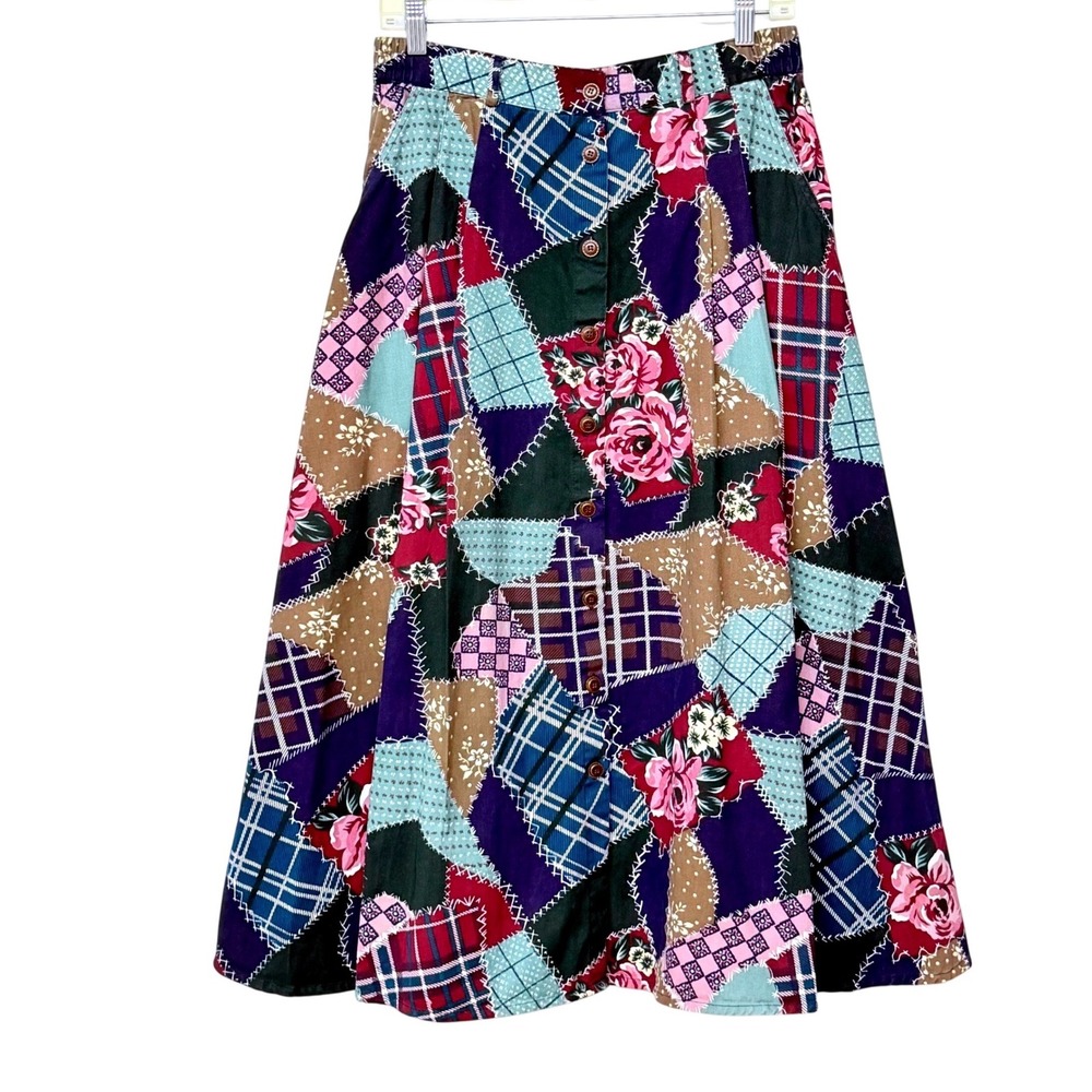 Vintage 90s Patchwork Floral Midi Skirt Cotton Boho Cottagecore Pockets Stretch